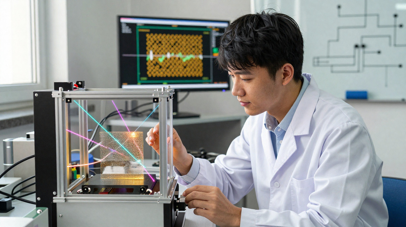 Homem em jaleco branco operando equipamento tecnológico com lasers coloridos em laboratório.