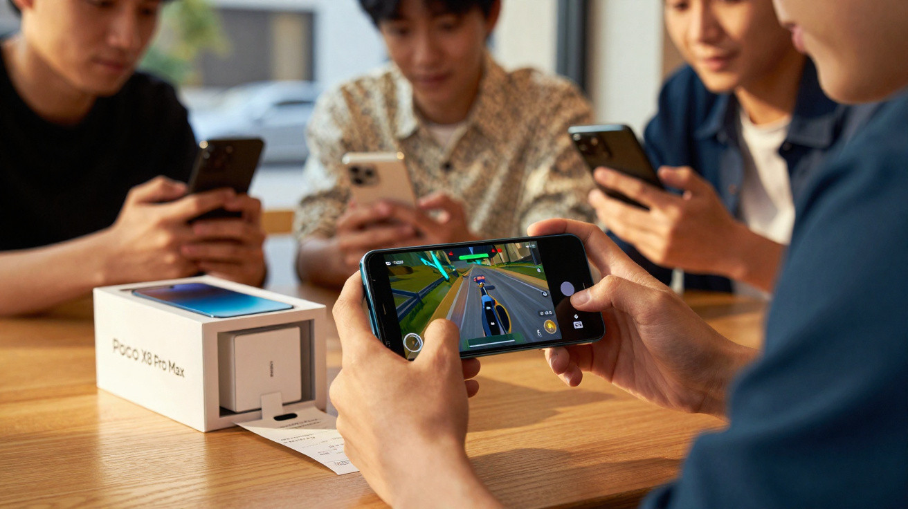 Quatro jovens mexendo em celulares, um jogando game de corrida em smartphone com caixa do Poco X3 Pro Max na mesa.