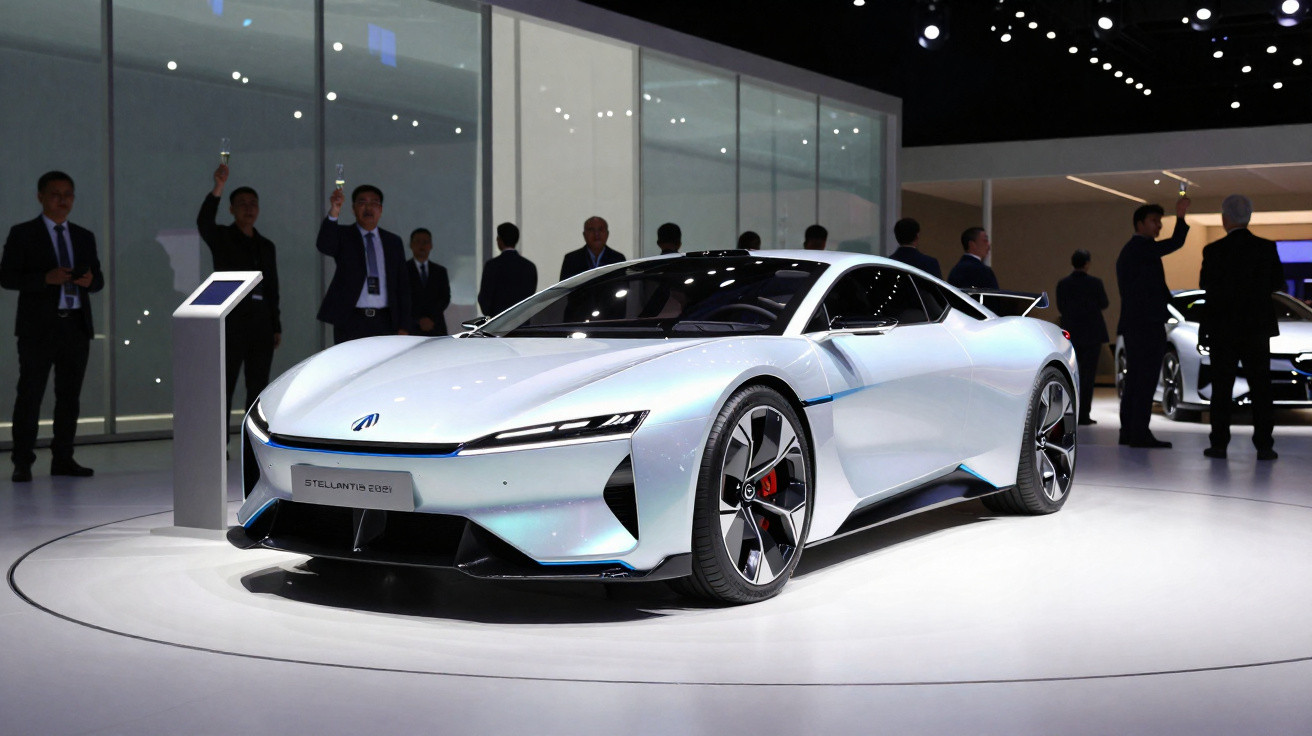 Carro esportivo elétrico branco exposto em salão automotivo com pessoas ao fundo brindando.