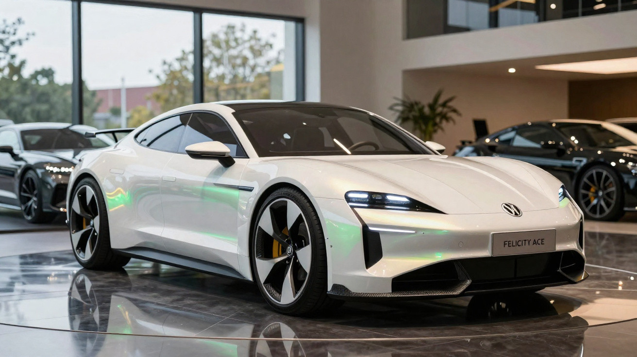 Carro esportivo elétrico branco modelo Felicity Ace exibido em showroom moderno.
