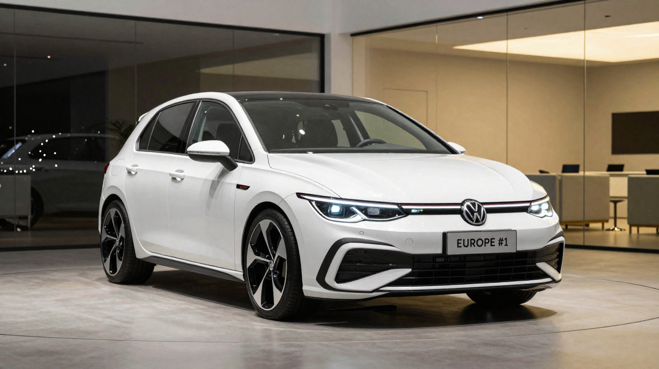 Carro branco Volkswagen Golf estacionado em showroom moderno com iluminação ambiente.