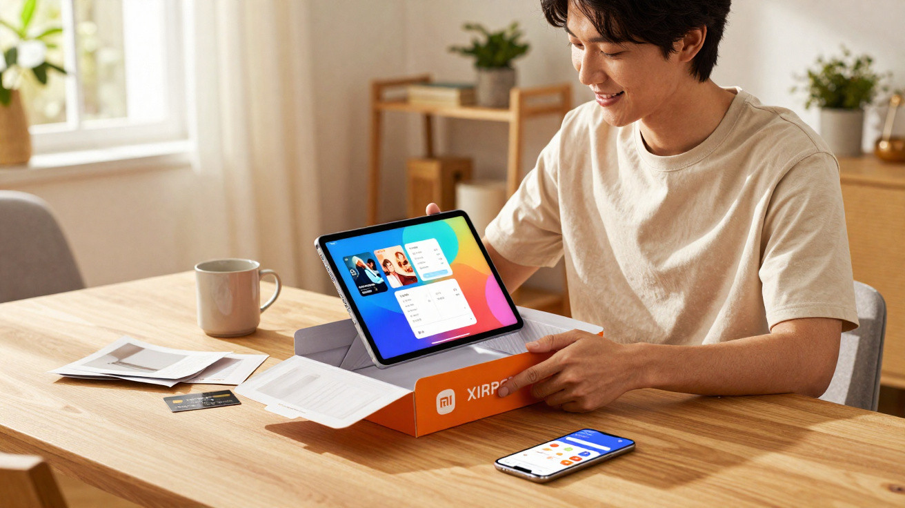 Jovem sentado à mesa segurando tablet sobre caixa laranja Xiaomi XIRP em ambiente iluminado.