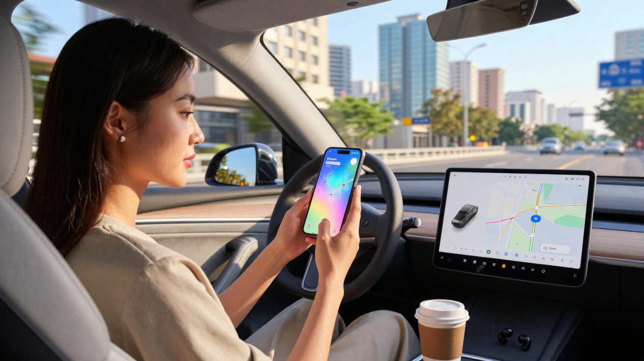 Mulher dirigindo carro elétrico com smartphone na mão e tela do carro exibindo mapa de navegação.
