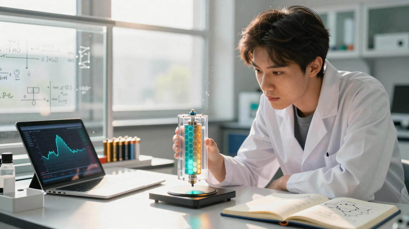 Jovem cientista em laboratório analisando dispositivo tecnológico ao lado de laptop e livro aberto.