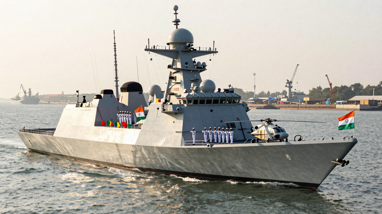 Navio de guerra naval cinza com tripulação alinhada e helicóptero no convés, navegando em porto com guindastes ao fundo.