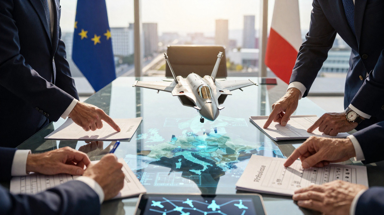 Quatro homens em reunião estratégica militar com mapa digital, documentos e um modelo de avião de combate.