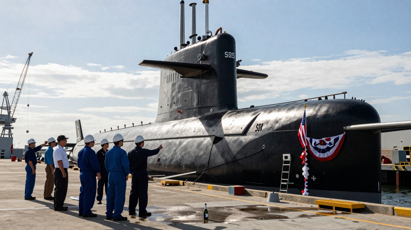 Submarino militar preto atracado em porto com grupo de homens de uniformes azuis observando.