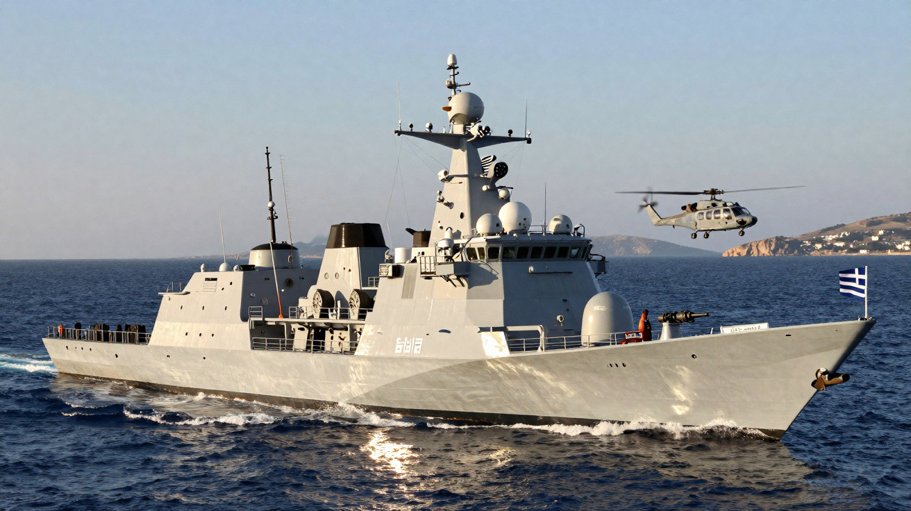 Navio de guerra com bandeira grega navegando no mar, com helicóptero voando ao fundo.