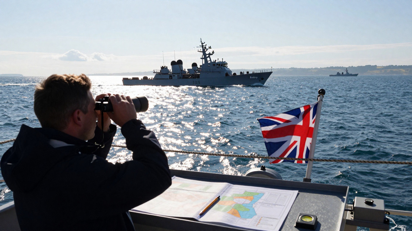 Homem observa com binóculo navios de guerra no mar, com bandeira do Reino Unido ao lado.