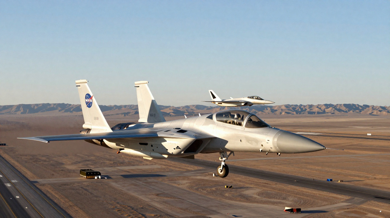 Aviões de caça NASA voando baixo sobre área desértica com pista de pouso ao fundo.