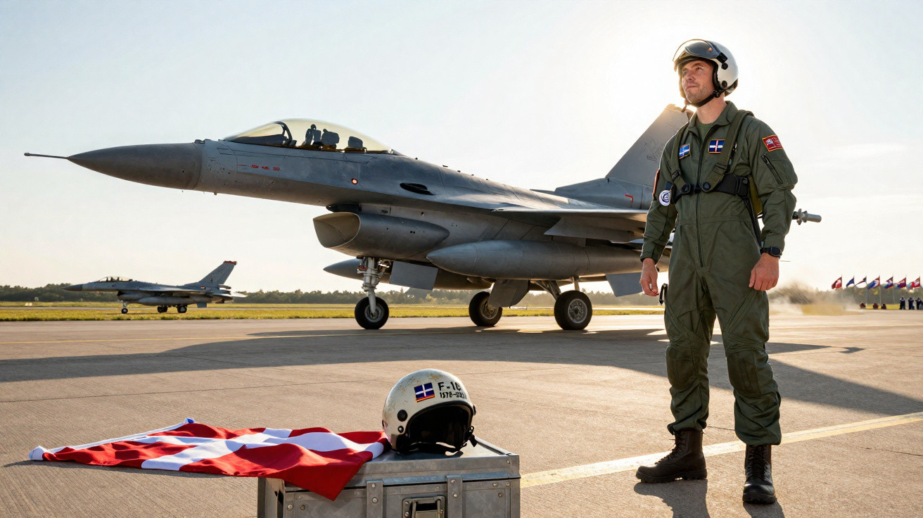 Piloto em uniforme verde ao lado de avião de caça F-16 na pista com bandeira da Dinamarca e capacete.