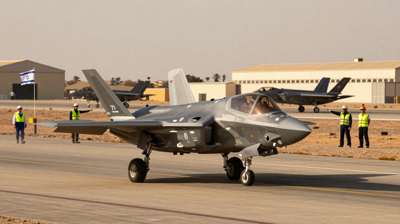 Caça F-35 israelense taxiando em pista de aeroporto militar com trabalhadores e hangares ao fundo.