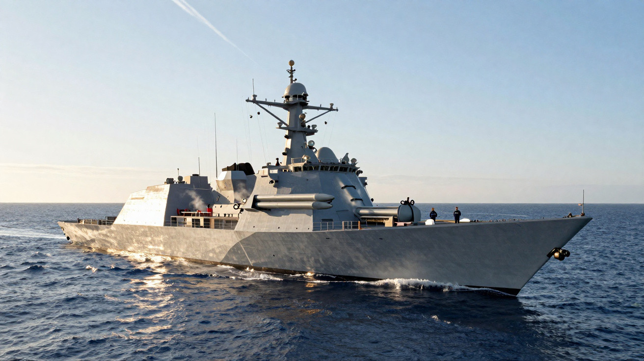 Navio de guerra cinza navegando em mar calmo sob céu claro.