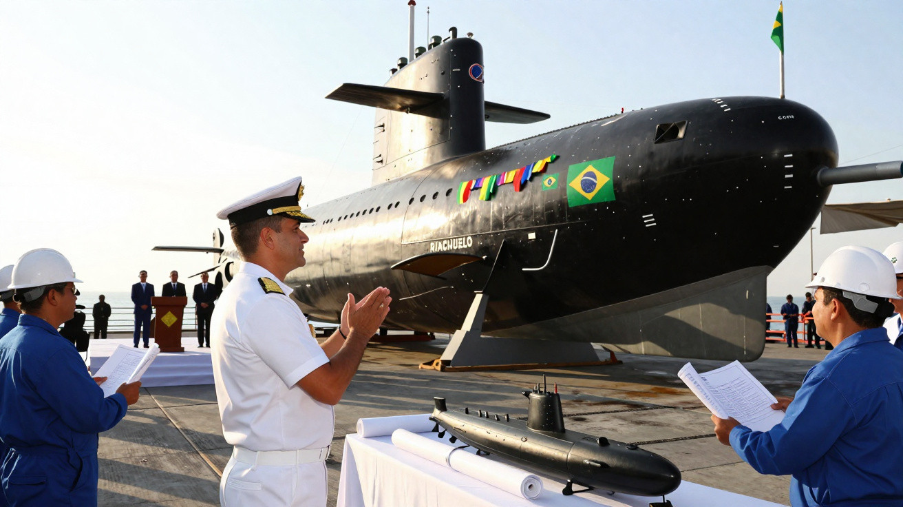 Oficiais e trabalhadores em cerimônia ao lado do submarino brasileiro Riachuelo na estação naval.