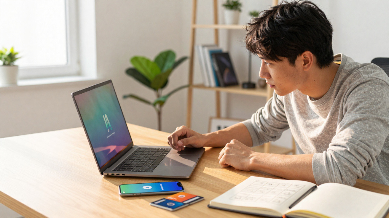 Homem de roupas casuais trabalhando concentrado em laptop à mesa com celular e caderno aberto ao lado.