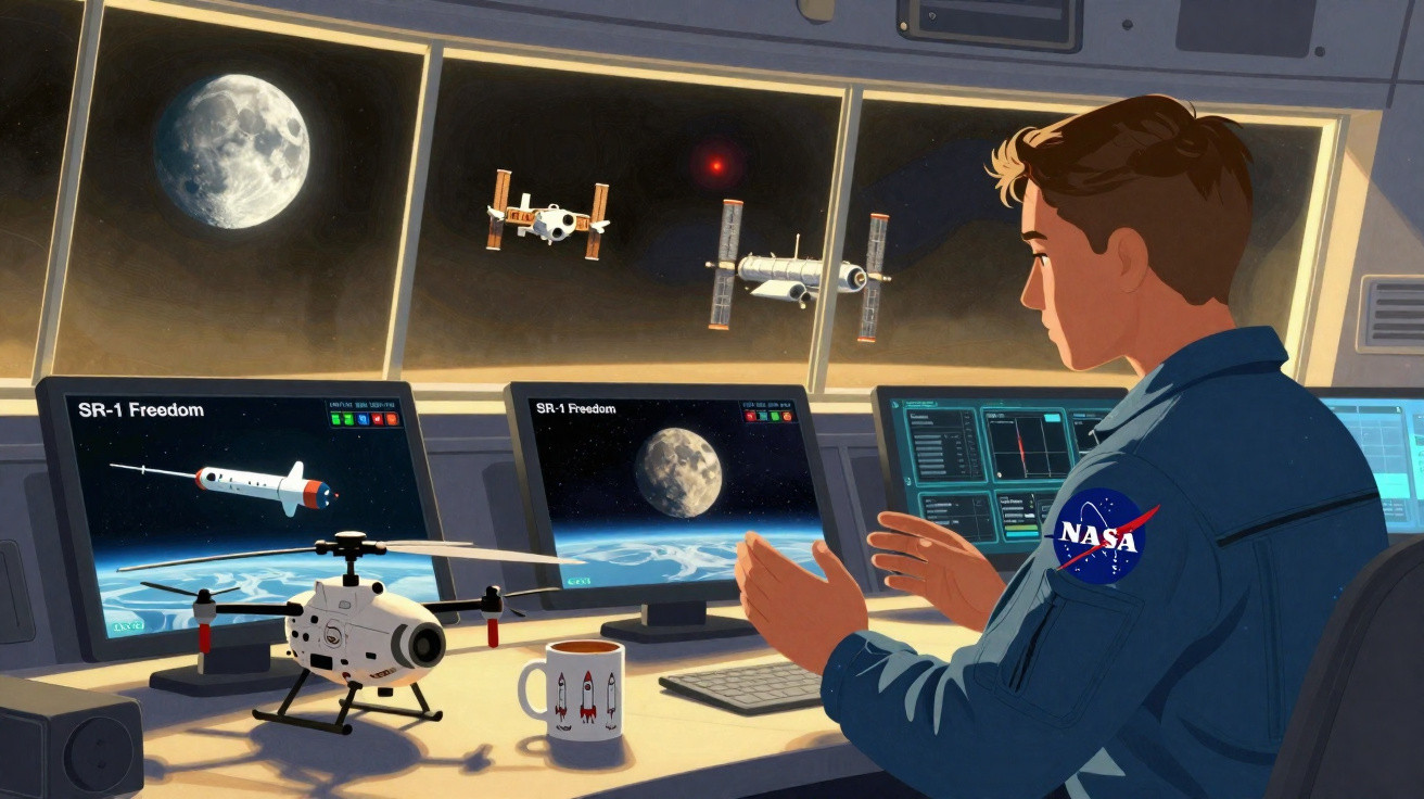Astronauta na NASA observando satélites e a lua em monitores dentro de uma estação espacial.