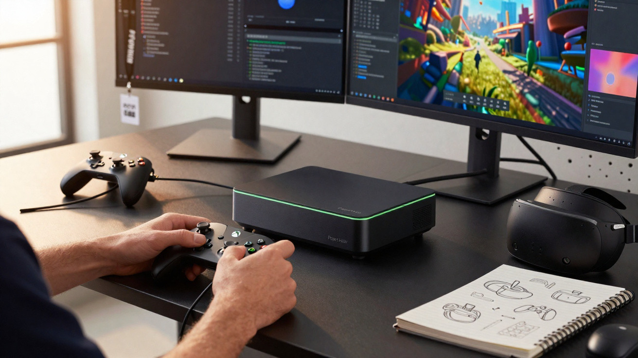 Pessoa jogando videogame em computador com dois monitores, controles e óculos de realidade virtual na mesa.