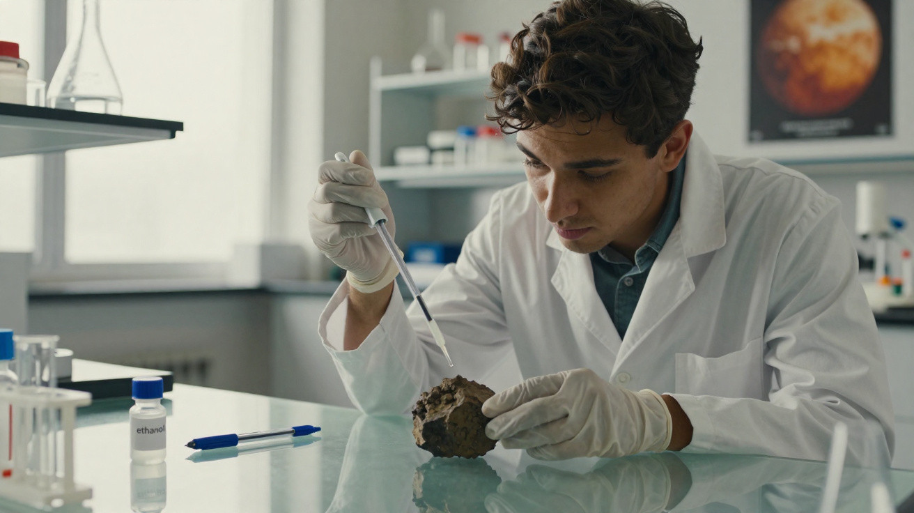 Cientista em laboratório segurando uma pedra com uma mão e usando pipeta na outra.