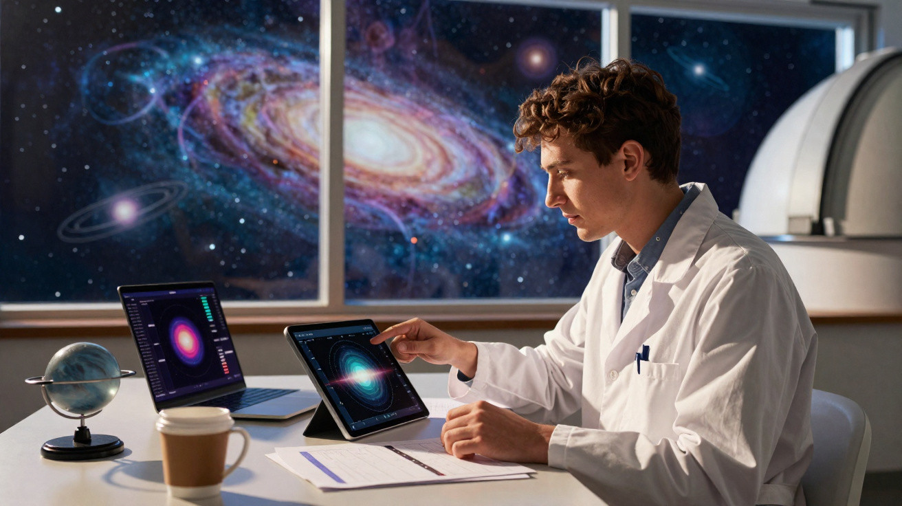 Cientista em jaleco analisa imagens de galáxias em tablet e laptop, com modelo de planeta na mesa.