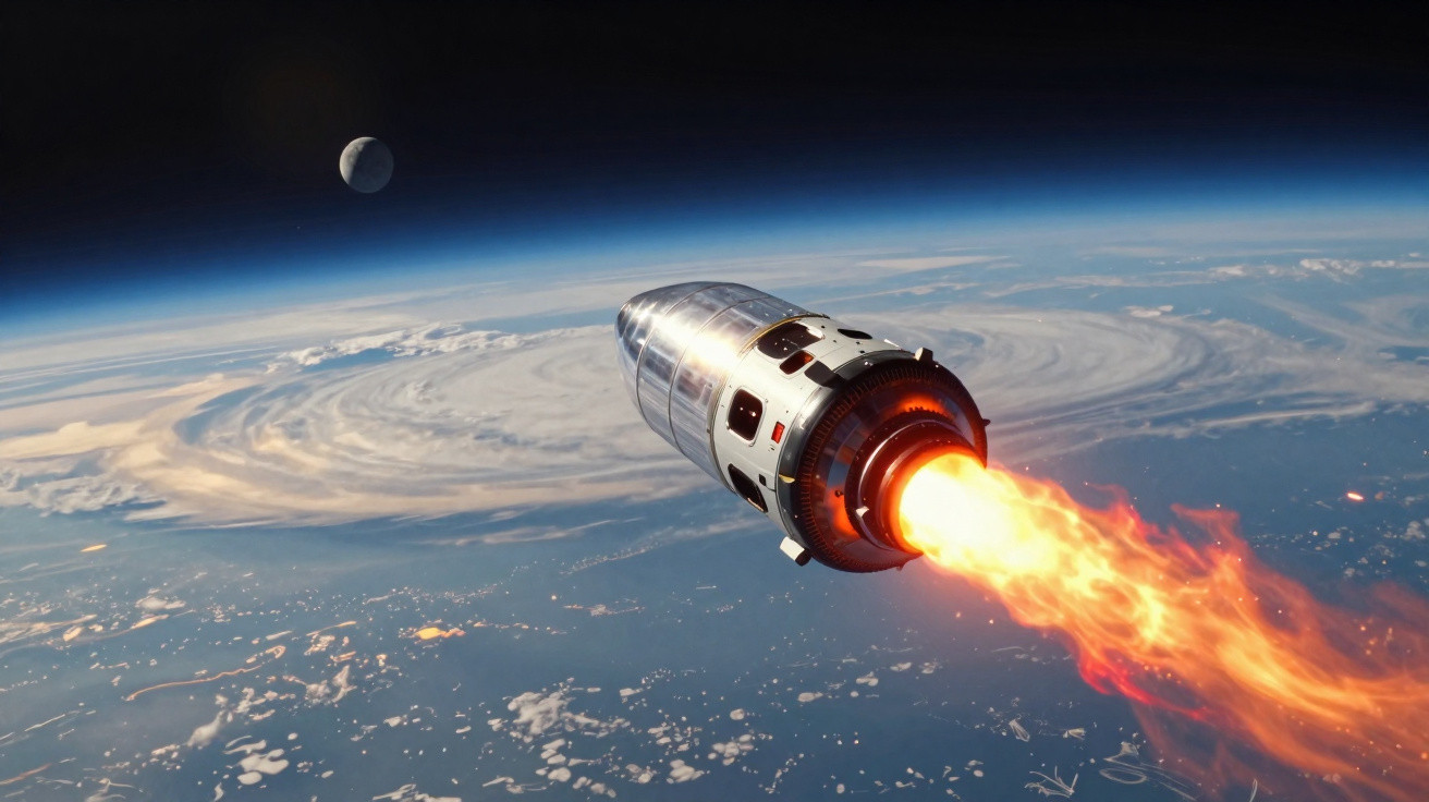 Foguete espacial em órbita da Terra com propulsão ativa e a Lua ao fundo.