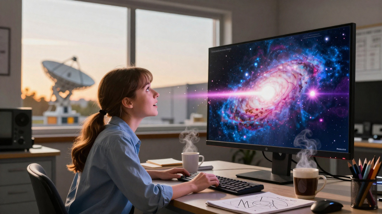 Mulher olhando fascinada para tela de computador exibindo galáxia com feixe de luz, junto a café e papéis na mesa.