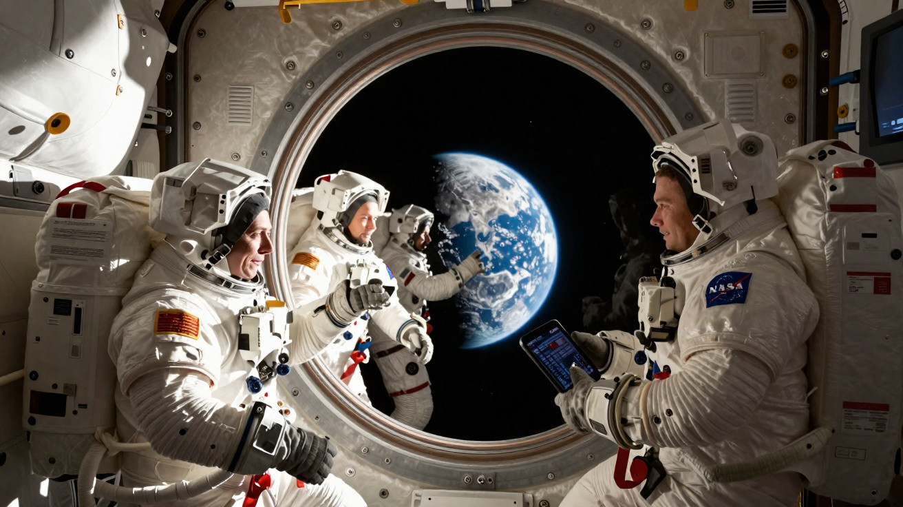 Astronautas em trajes espaciais dentro de estação orbital observando a Terra pela janela circular.