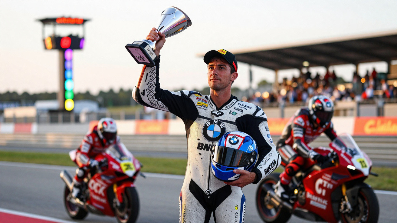 Piloto de moto com troféu na mão e capacete, no autódromo após corrida com outros pilotos ao fundo.