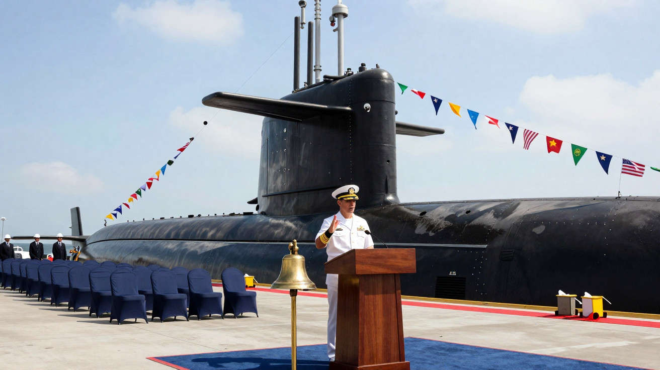 Oficial da marinha fala no pódio em cerimônia ao lado de submarino preto decorado com bandeiras náuticas.