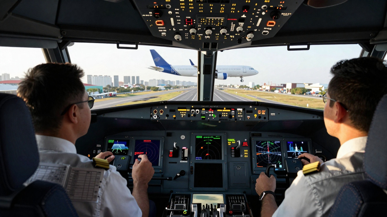 Dois pilotos na cabine de comando de avião enquanto outro avião se aproxima da pista para pouso.
