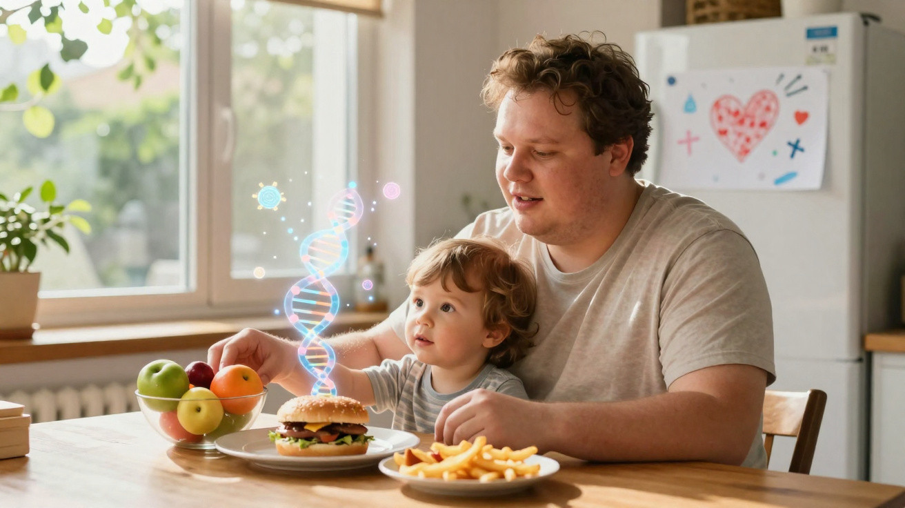 Pai e filho pequenos sentados à mesa com hambúrguer, batata frita e maçãs, com ilustração de DNA holográfico.