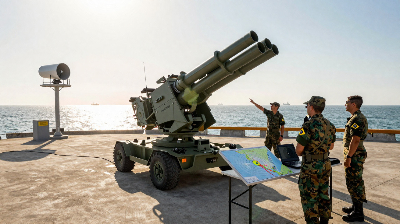 Três militares em farda observam e operam um lançador de foguetes múltiplo em plataforma costeira com mar ao fundo.