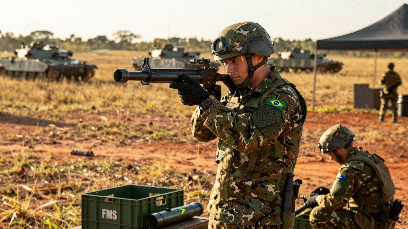 Soldado brasileiro em uniforme camuflado mira arma durante treinamento militar ao ar livre.