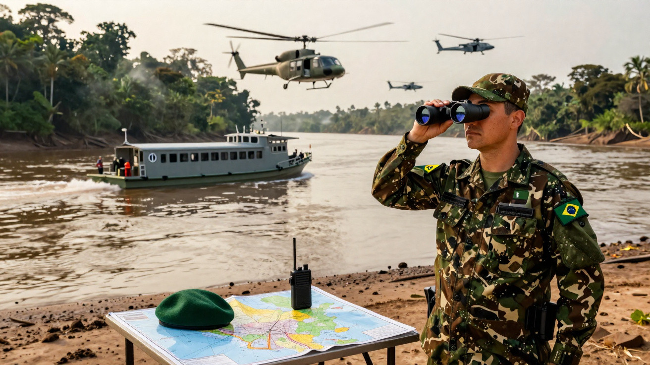 Soldado brasileiro em uniforme de camuflagem observa com binóculos helicópteros sobre rio com barco e mapa na mesa.