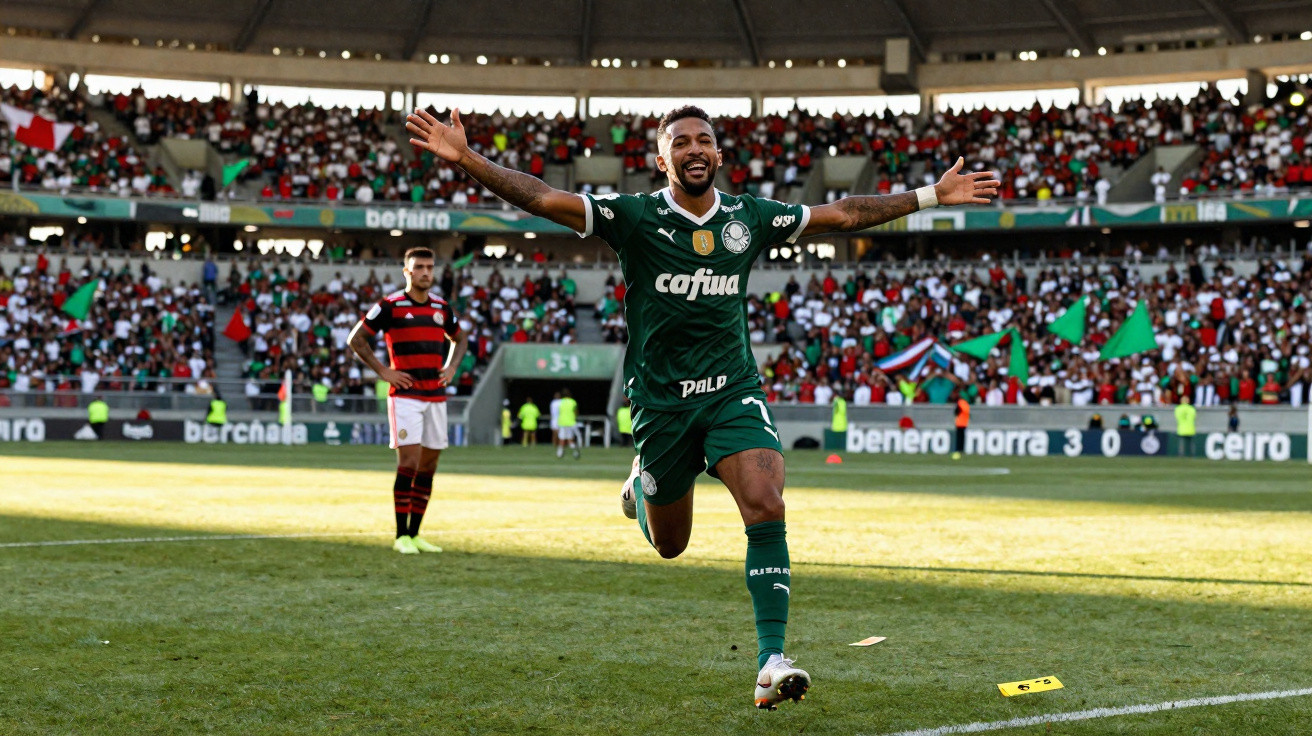 Jogador de futebol comemora gol com os braços abertos enquanto público acompanha no estádio.