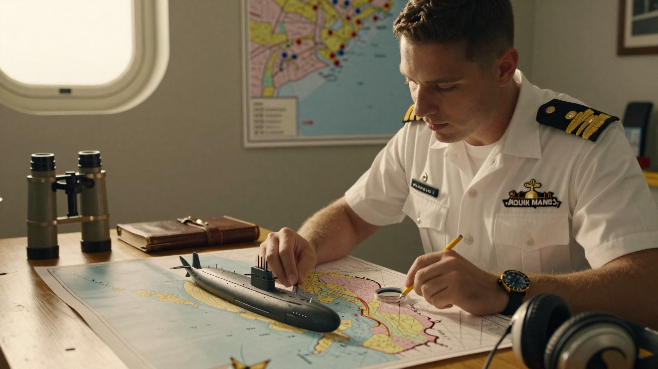 Homem em uniforme naval estudando mapa náutico com modelo de submarino em mesa iluminada por janela de avião