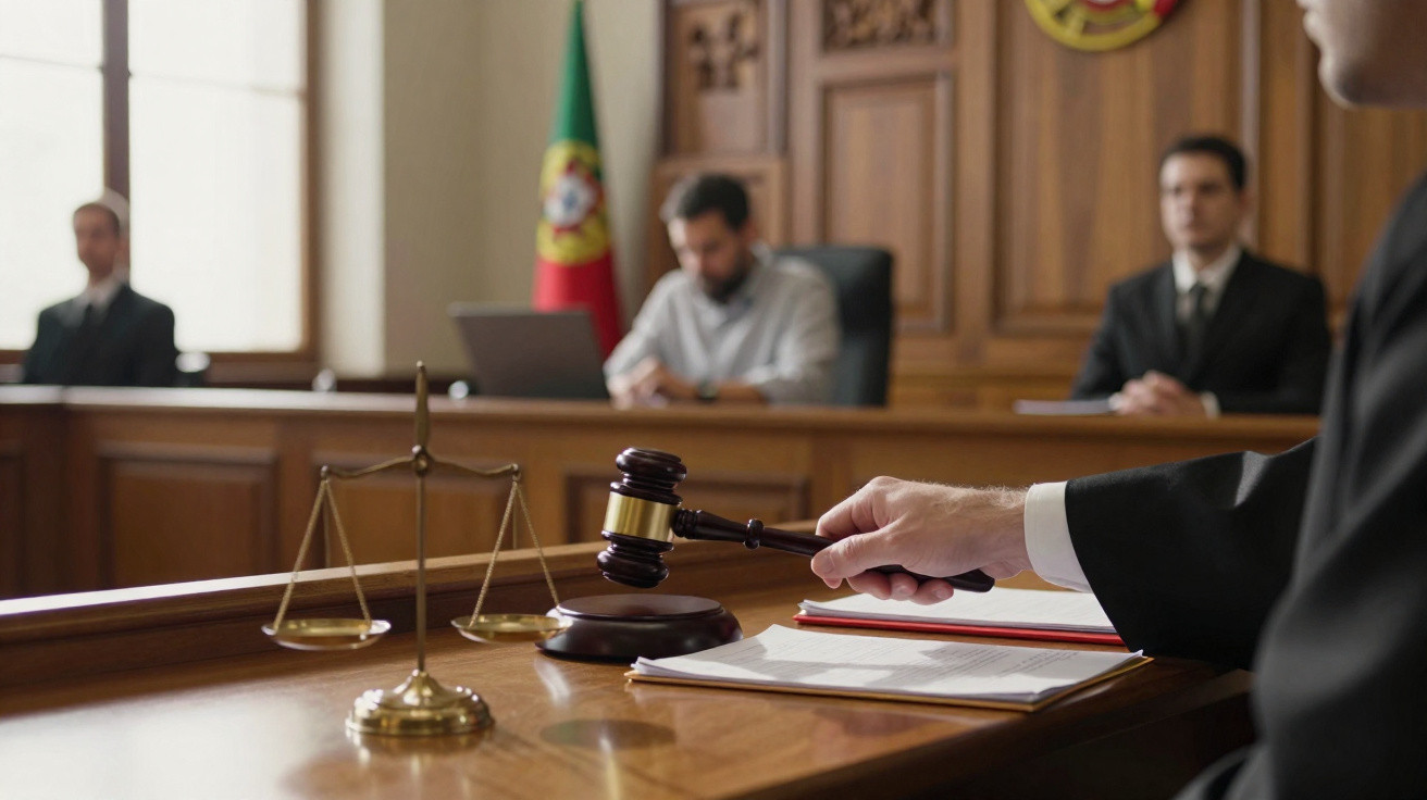 Pessoa segurando malhete em tribunal com balança da justiça e três pessoas ao fundo.
