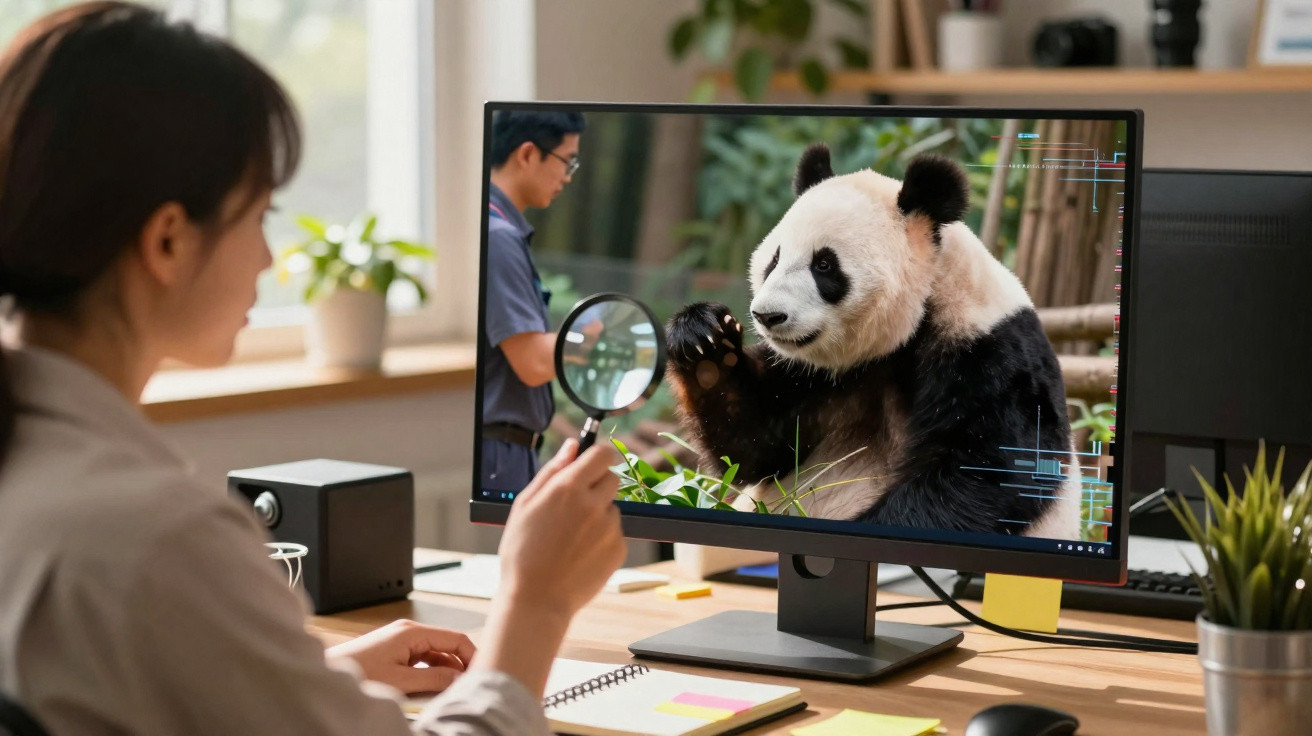 Mulher usando lupa para observar imagem de panda no monitor em escritório com plantas e caderno.
