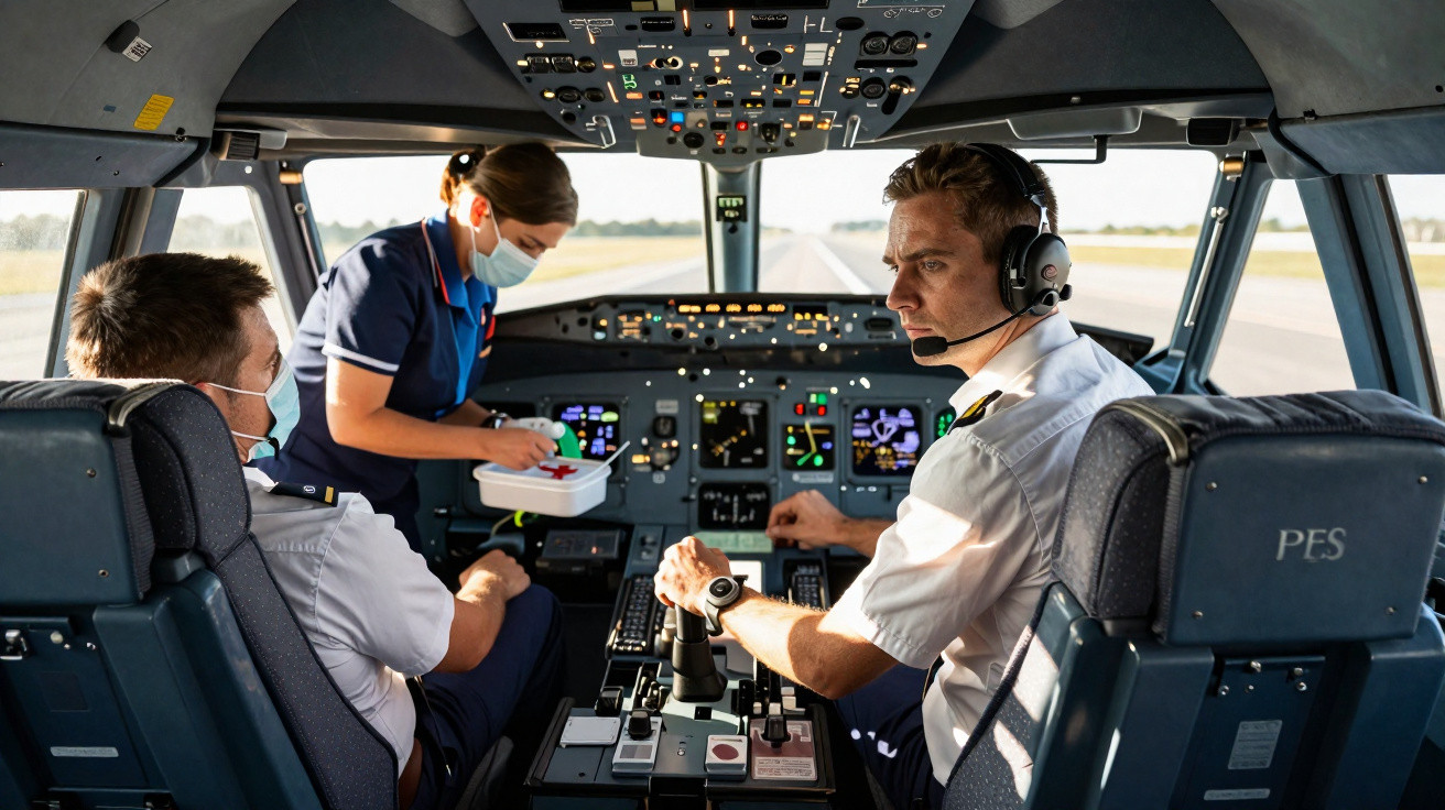 Pilotos e comissária de bordo com máscara no cockpit de avião moderno com painéis iluminados.