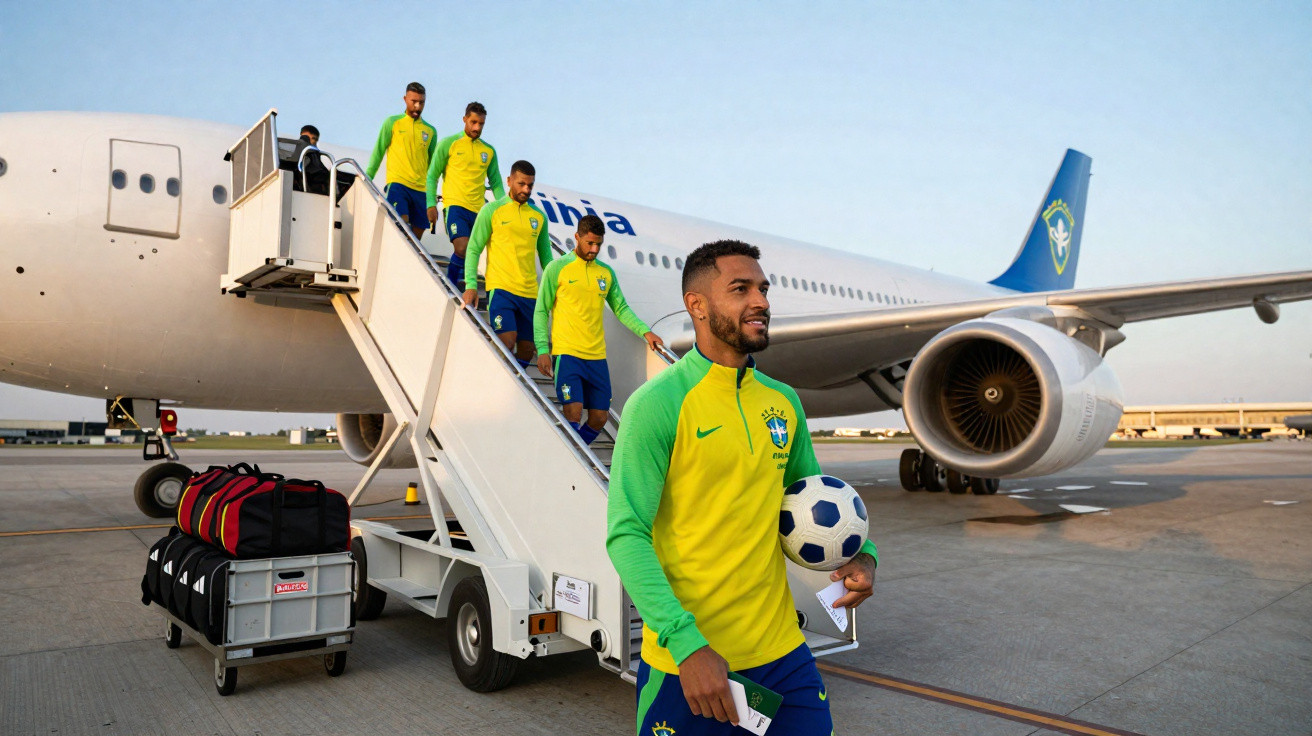 Jogadores da seleção brasileira de futebol com uniformes amarelo e verde descendo de avião no aeroporto.