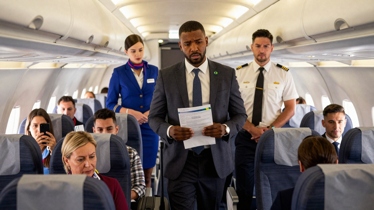 Homem de terno lendo documento em avião com comissária e piloto ao fundo, passageiros sentados.