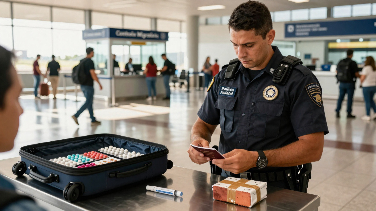 Agente da Polícia Federal conferindo documentos em mesa no aeroporto com mala aberta contendo medicamentos.