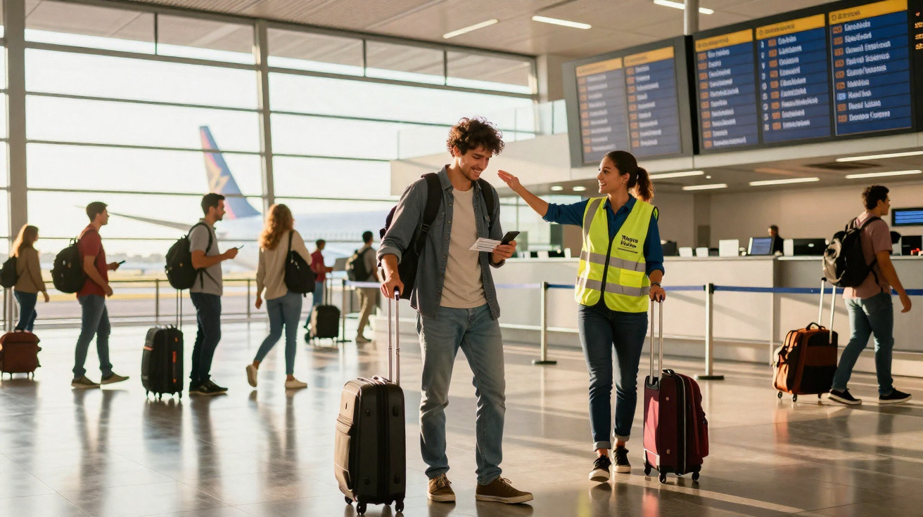 Homem com mala e funcionário de aeroporto sorrindo e conversando no terminal de embarque.
