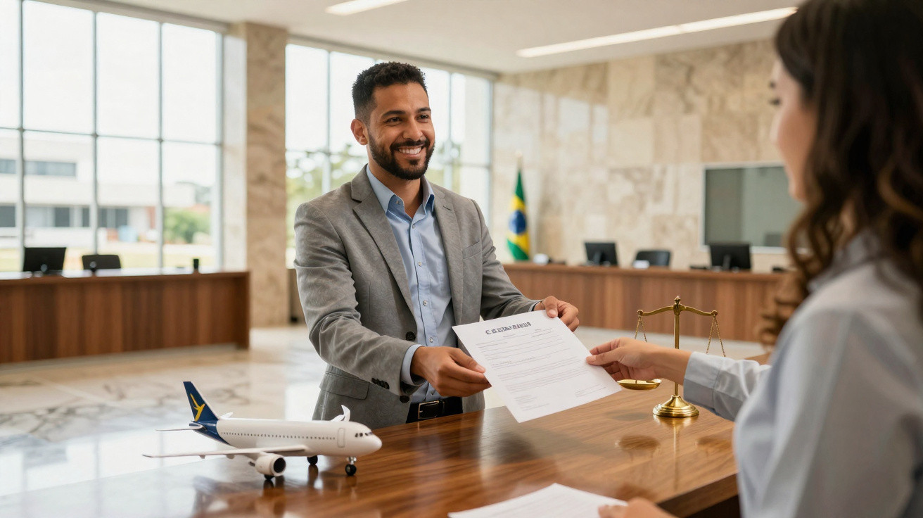 Homem entrega documento para atendente em balcão com miniatura de avião em ambiente de escritório.