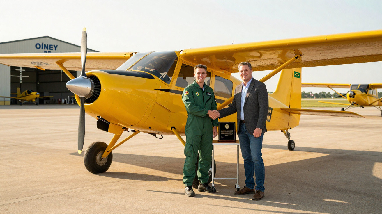 Dois homens apertando as mãos em frente a um avião amarelo estacionado em aeroporto.