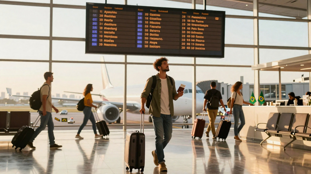 Pessoas com malas em aeroporto perto de painel de voos e avião ao fundo, luz natural entrando pelas janelas.
