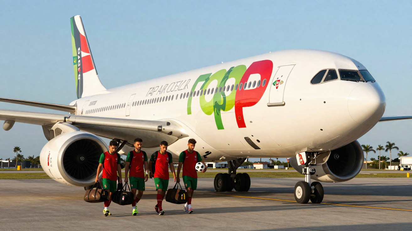 Quatro jogadores de futebol com uniforme da seleção de Portugal caminhando ao lado de avião TAP Air Portugal.