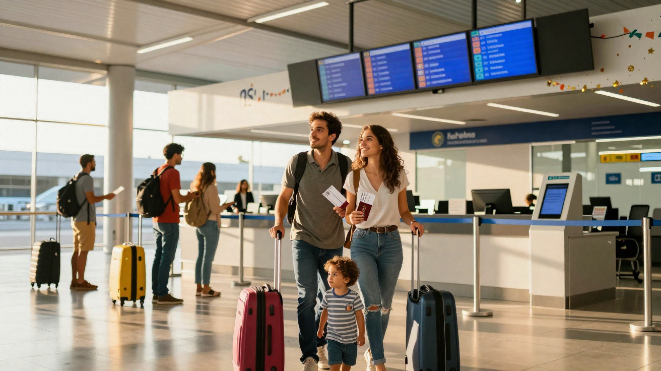 Família com malas e passaportes caminhando sorrindo no saguão de um aeroporto moderno.