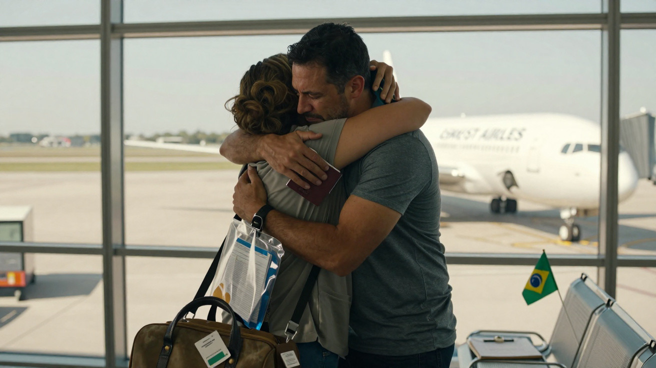 Casal se abraça emotivamente em aeroporto com avião ao fundo e bandeira do Brasil na cadeira ao lado.
