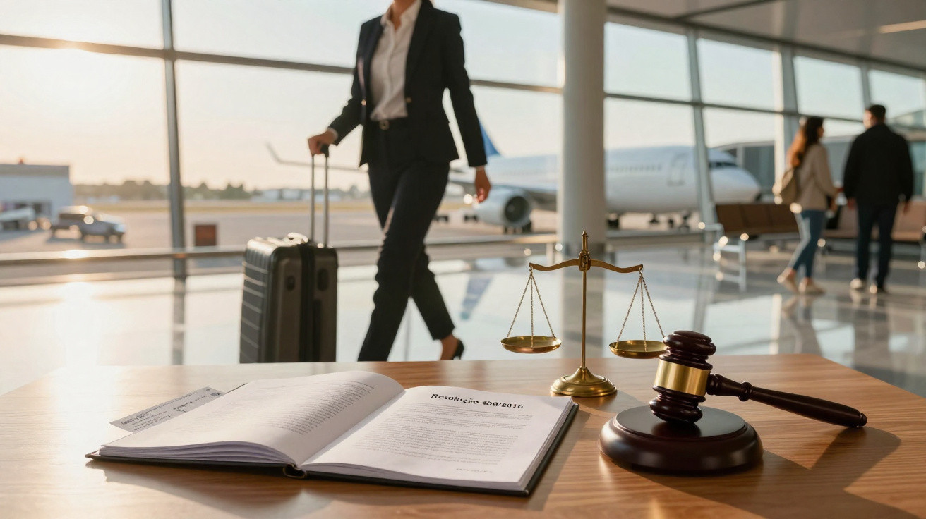 Mesa com livro aberto, martelo de juiz e balança da justiça em aeroporto com pessoas ao fundo.