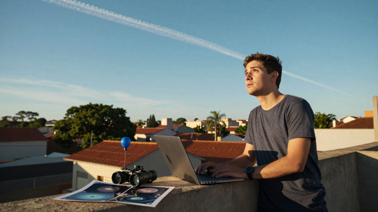 Jovem usando laptop no terraço, olha para o céu, com binóculo e imagens astronômicas ao lado.